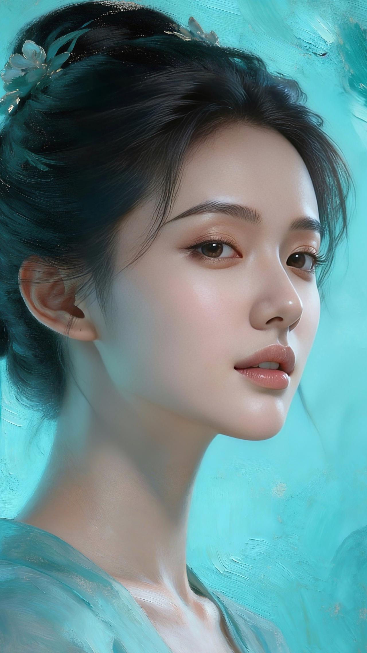 九帧同绘蓝绿调侧颜仙。乌发盘云髻，银蓝珐琅簪缀碎钻流光。眸藏星辰眉含韵，樱唇微启