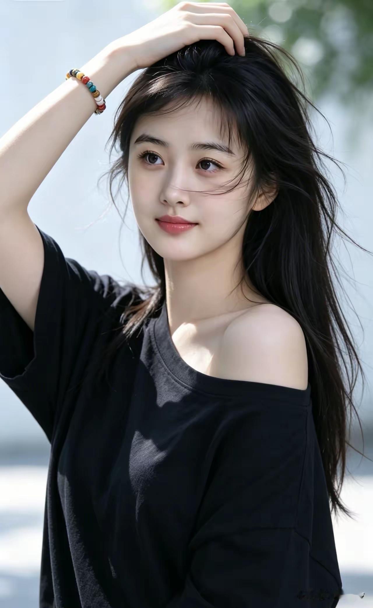 元气少女，黑发飘逸，清新自然，元气满满！🌞💕