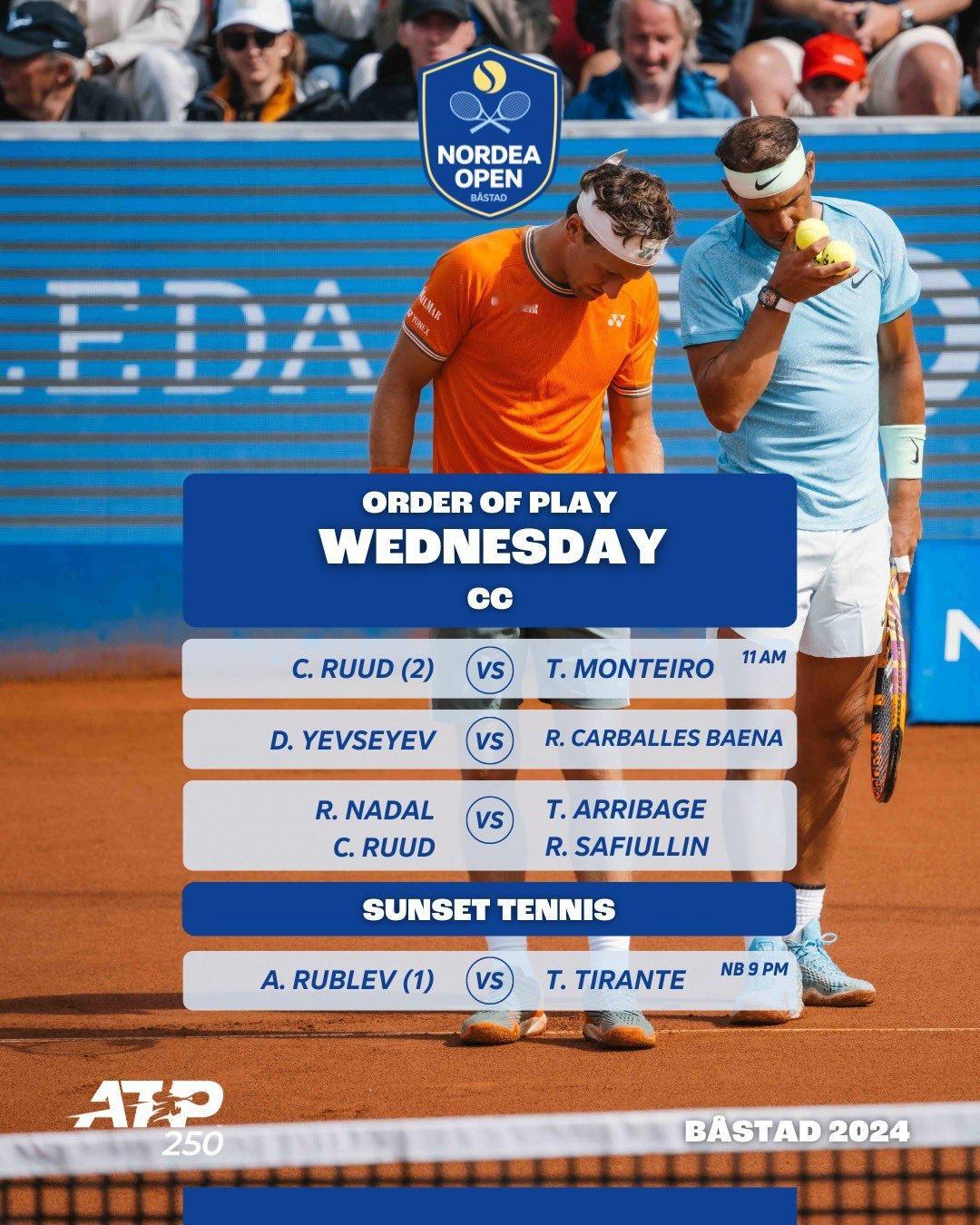 赛程预告：昨日收获巴斯塔德单打开门红的纳达尔，今天将在双打赛场继续出击，他与鲁德