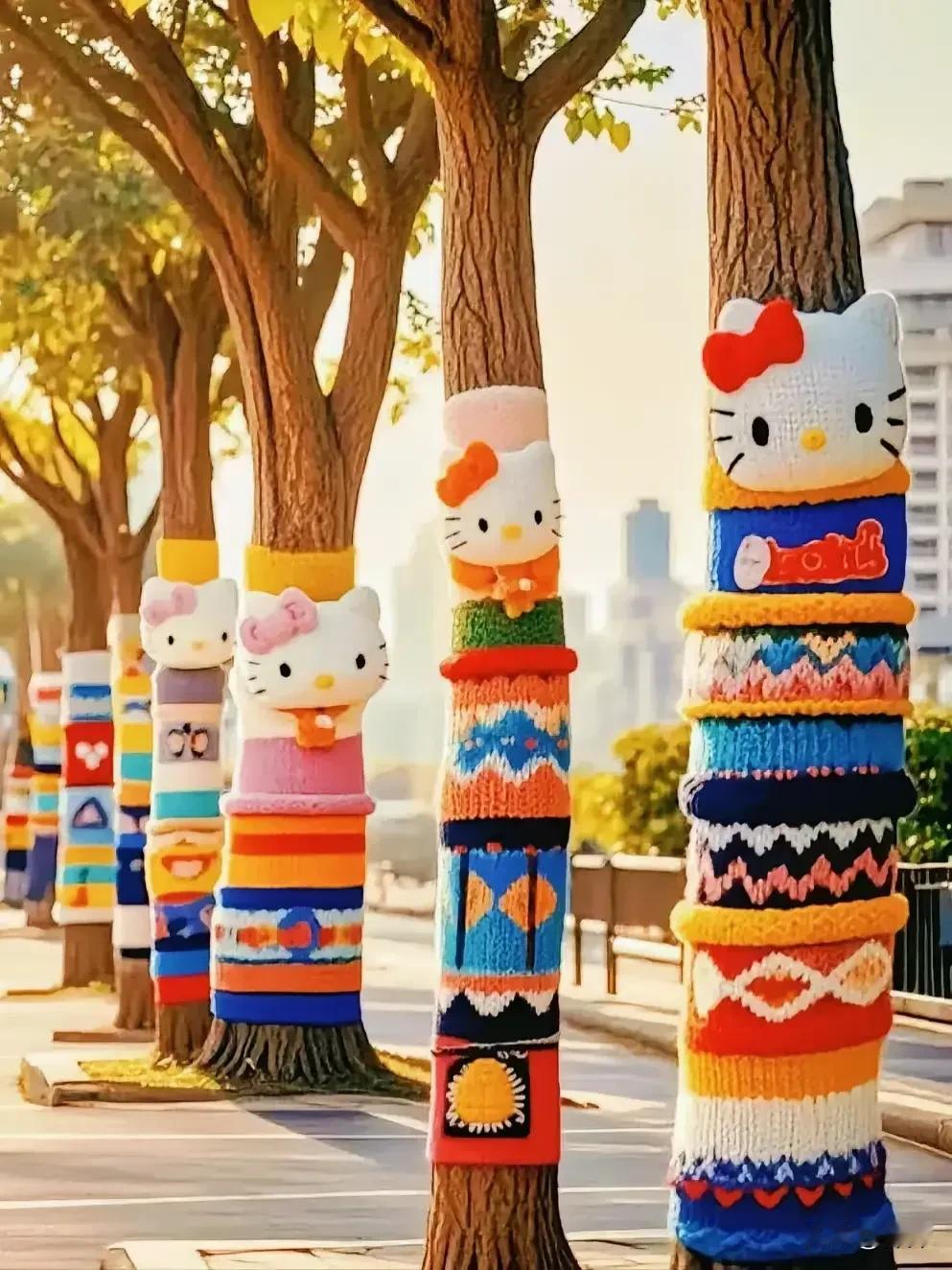 冬天给城市里的树穿上五颜六色的帽子还真怪好看的，给绿化树穿毛衣有很多好处呢。
 