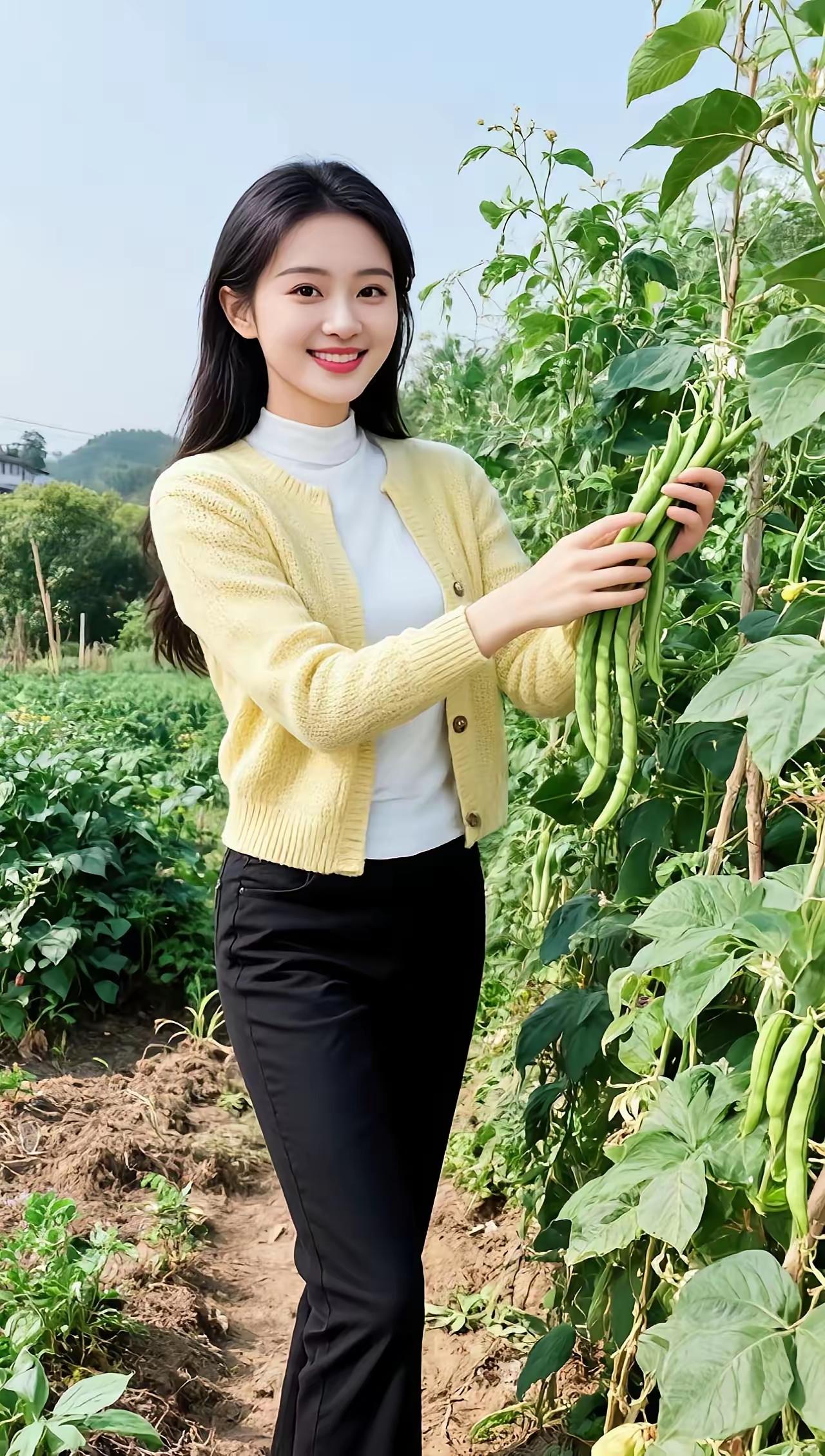 田园少女采摘绿色蔬菜，笑容甜美，生活如此美好！🌿🌸