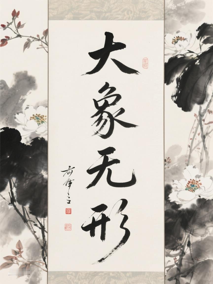 AI妙生图‘大象无形’四字于水墨百花背景间柔美飘逸呈现，工整排版尽显传统韵味，笔