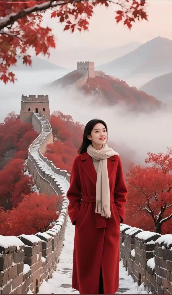 雪卷雄关接碧穹，
龙蟠峻岭卧银龙。
千年壁垒凝霜骨，
江山多娇冠长虹。