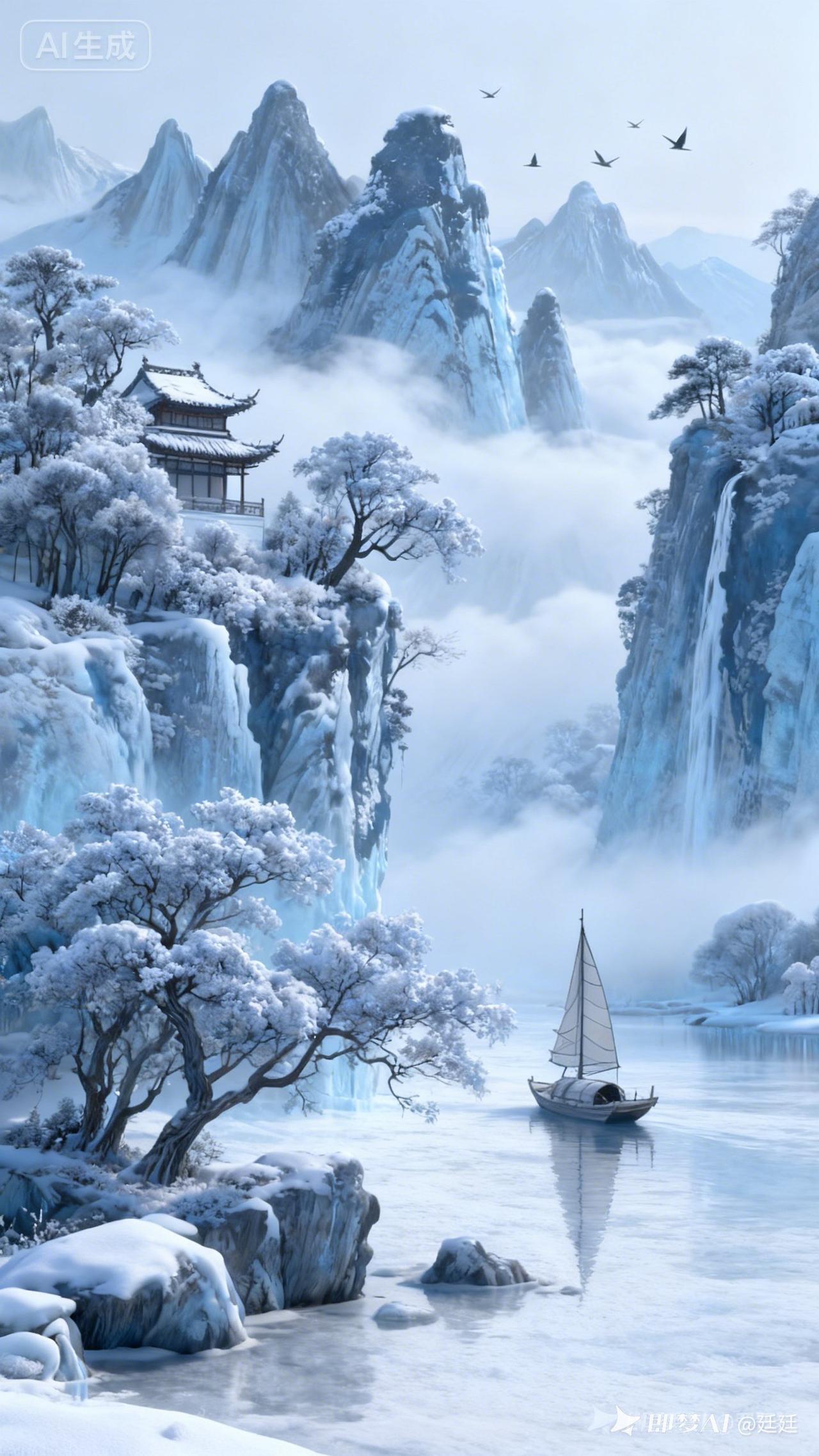 吴昌硕，陈家泠，以三维古风之姿，绘就意境水墨之美。画面中呈现出一片冰雪世界，人家