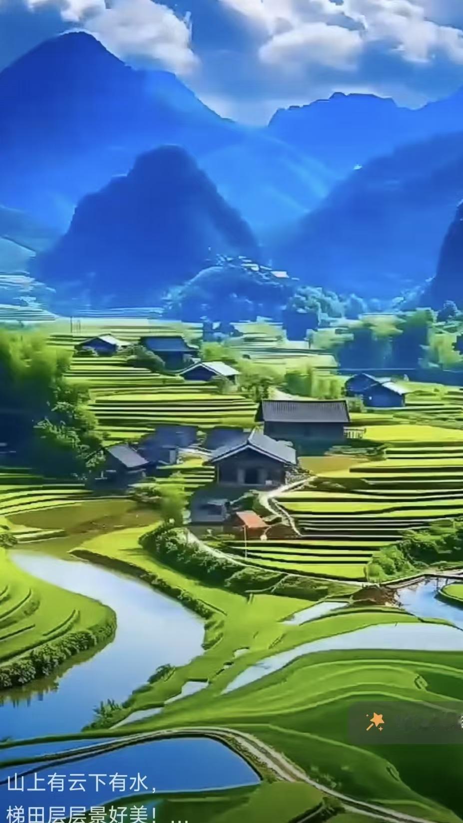 捣练子
山绕云，水映田，
层梯叠翠景嫣然。
慈心父，乐儿贤，
美名长在德声传。