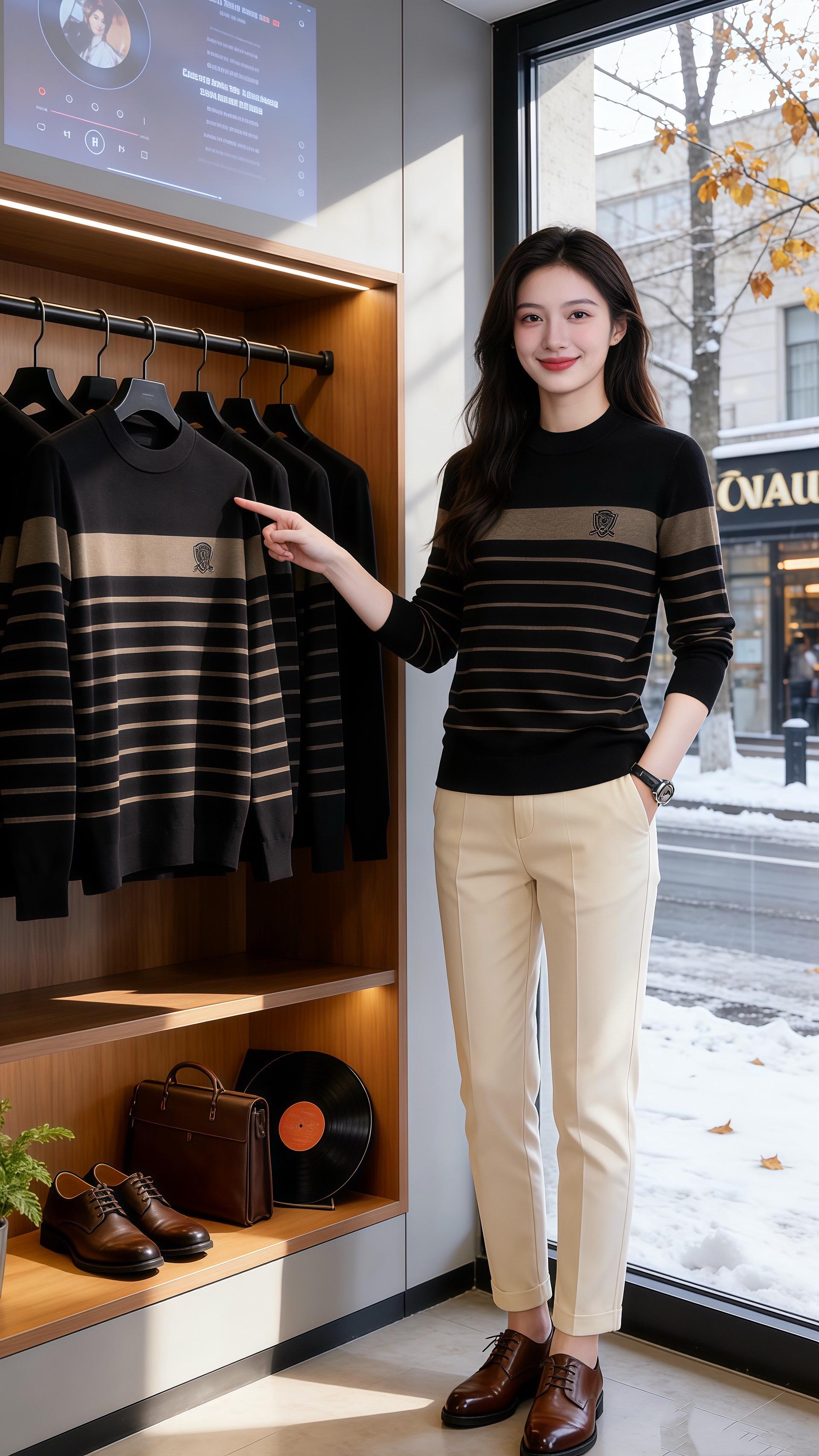 雪织温柔  北城的雪丝绕着男装店的落地窗，暖灯把龟背竹的影纹拓在深灰地...