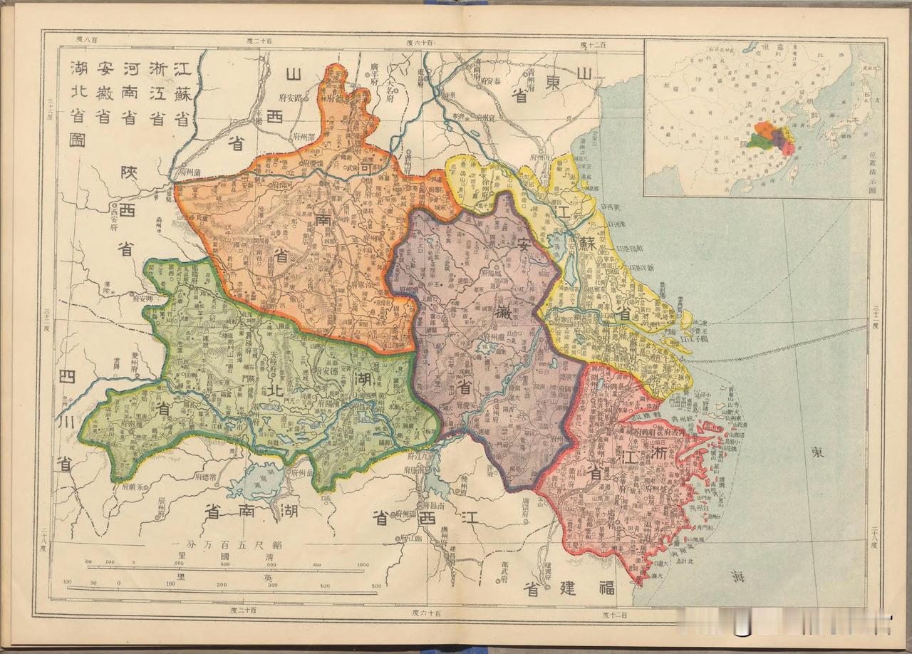 清朝时期，江苏、浙江、河南、安徽、湖北，五省的地图，各省形状大体和现在差不多，边