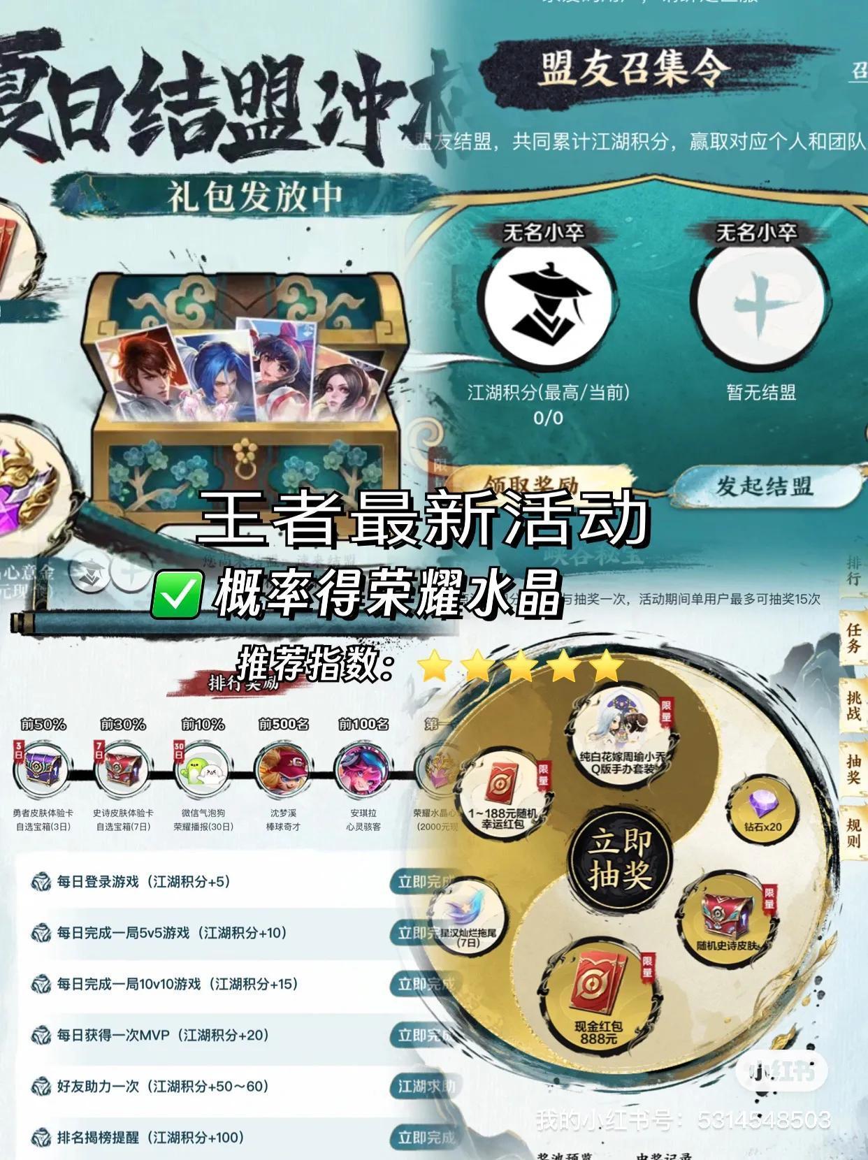 王者新活动送荣耀水晶、绿色播报，超香！

活动奖励：20W份🧧+万份史诗皮肤+