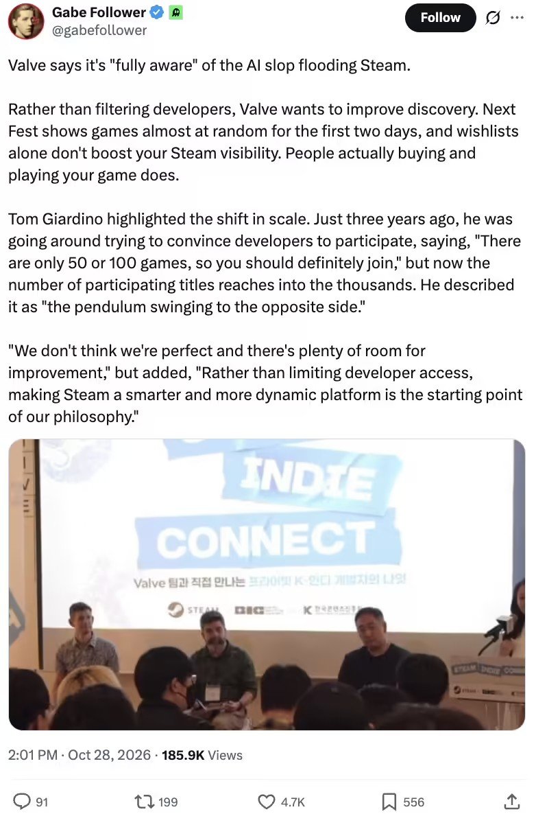 【Steam回应低质量AI游戏泛滥】Steam新品节前两天将采用随机推荐10 月