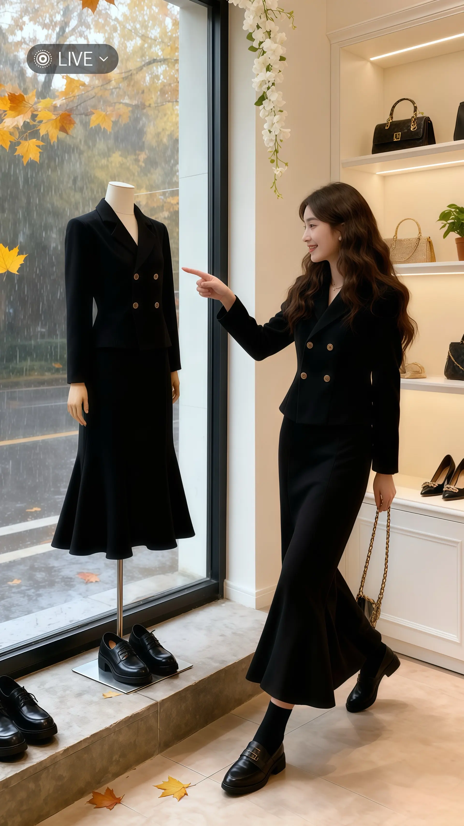 她穿着秋冬新款时尚灯芯绒收腰外套半身裙两件套，在窗前静坐成一幅雅致的画...