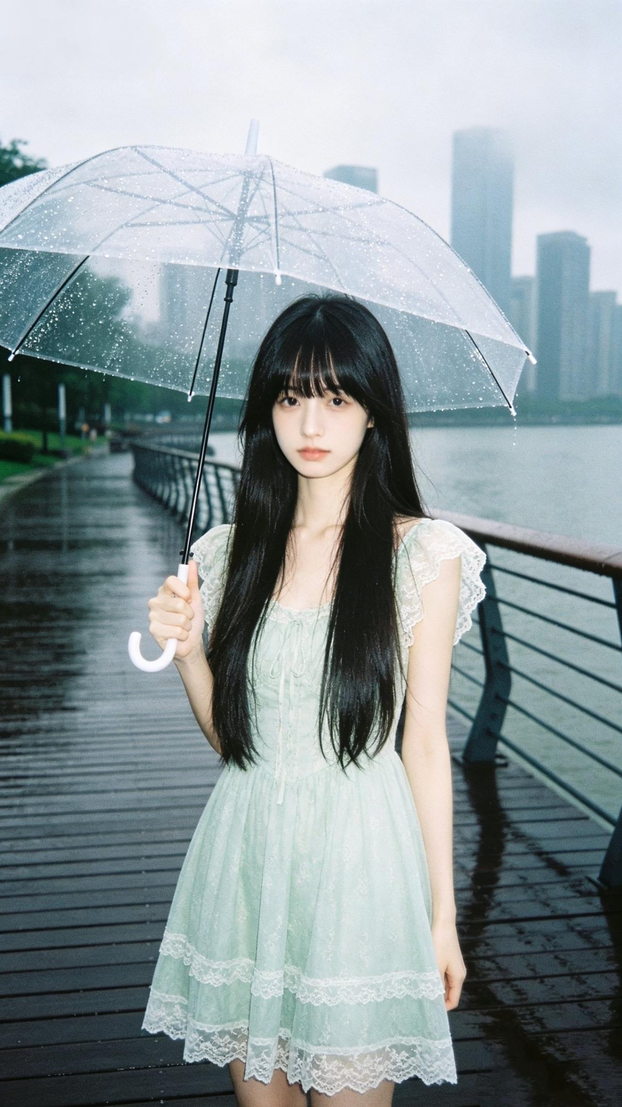 雨中氛围感，一把透明伞解锁清冷故事感🌧️
 
细雨漫过江边栈道，
透明雨伞接住