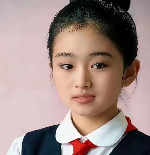 小时候这小姑娘颜值太出众！五官周正灵动，模样软萌讨喜。
看着就聪慧乖巧，在校绝对