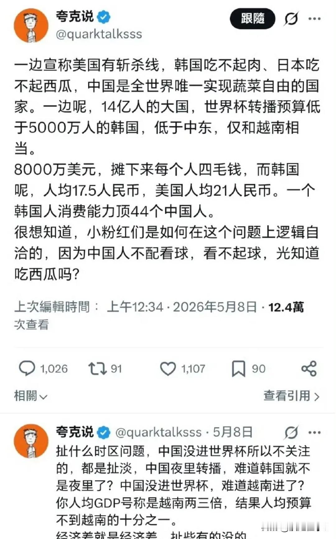 世界杯转播预算中国人均四毛 韩国人均17.5元引热议
 
2026世界杯中国转播