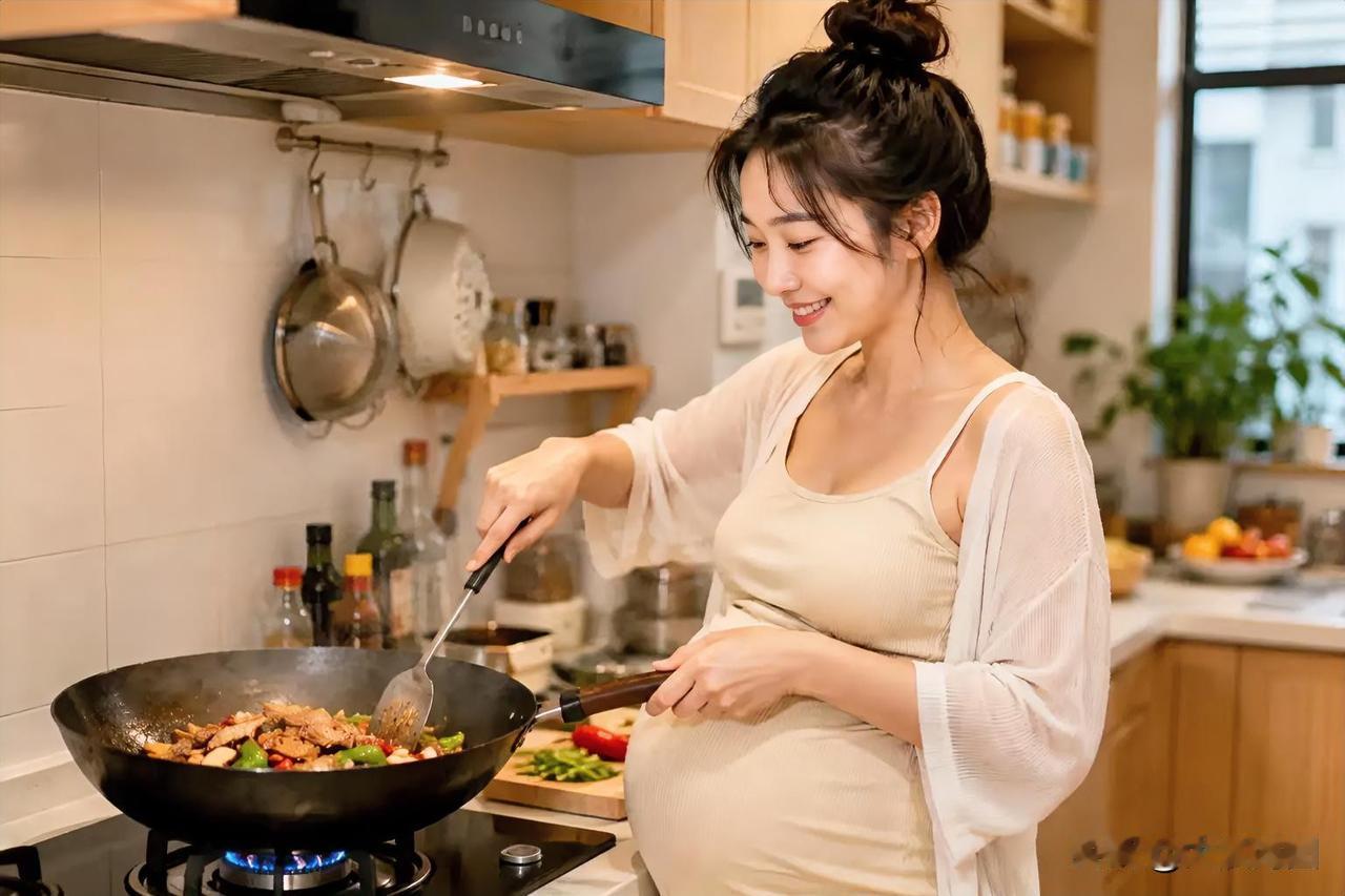 这位准妈妈正在厨房炒菜呢。