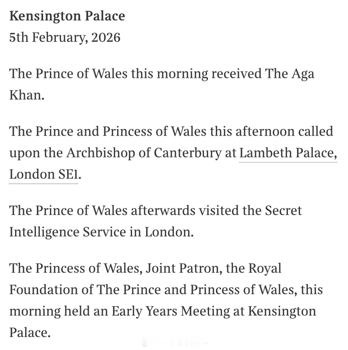 威廉王子  【公务日志】2026年2月5日，威廉王储在伦敦肯辛顿宫会见尼扎里伊斯