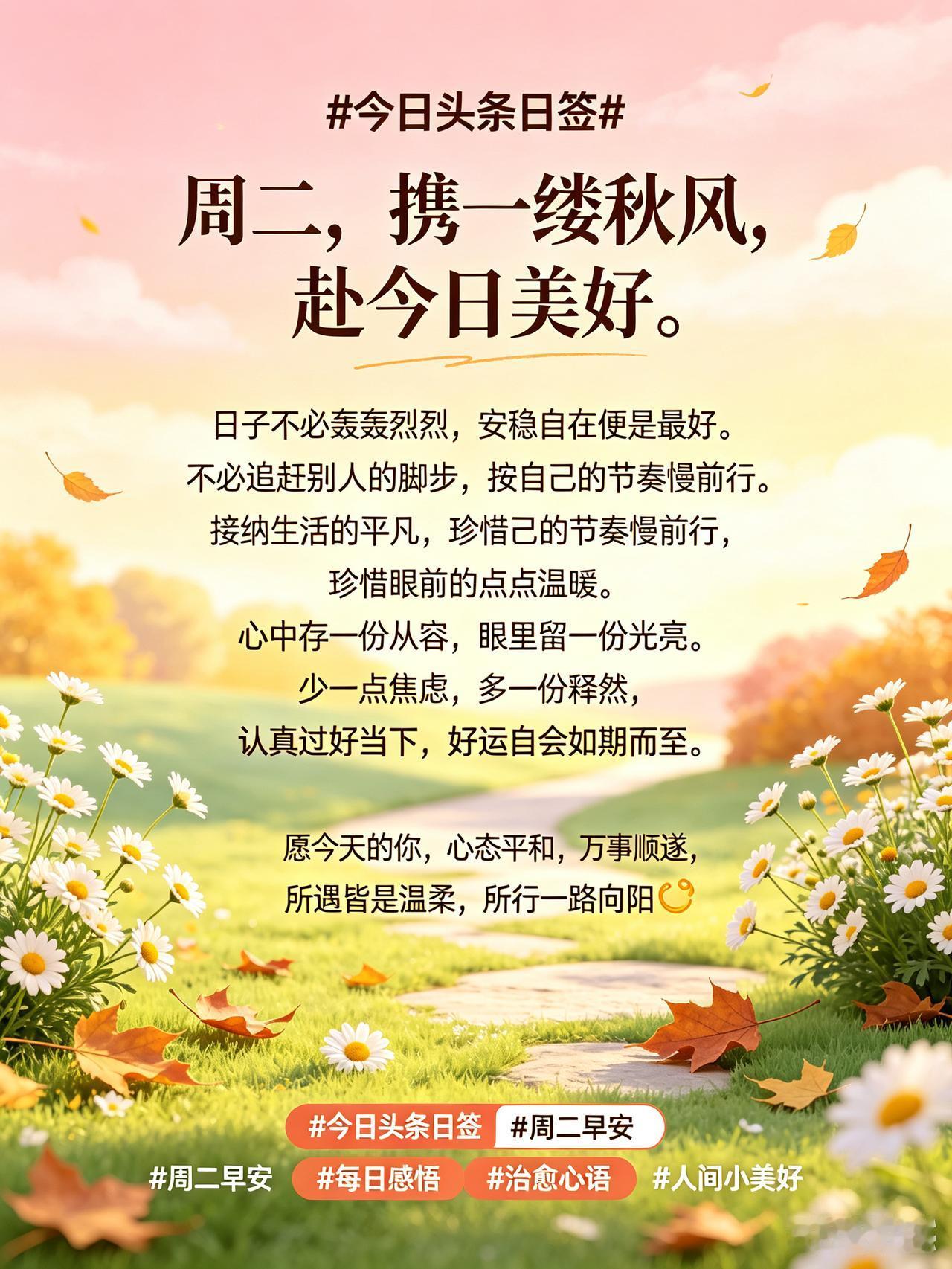 周三，携一缕秋风，赴今日美好。
 
日子不必轰轰烈烈，安稳自在便是最好。
不必追
