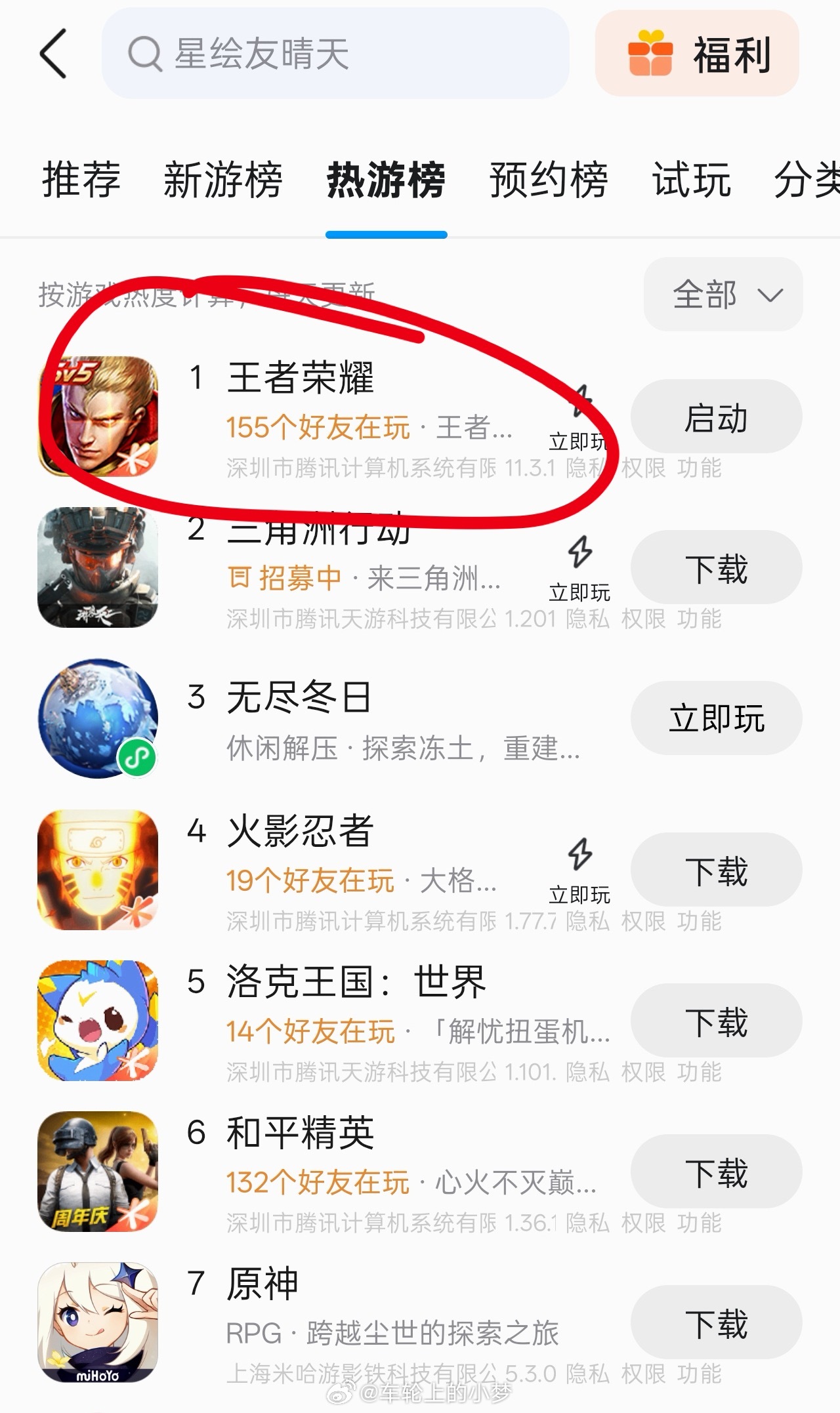 为什么现在王者荣耀在QQ热游榜单上还是第一☝🏻大家还有在玩的吗？小梦日常分享 