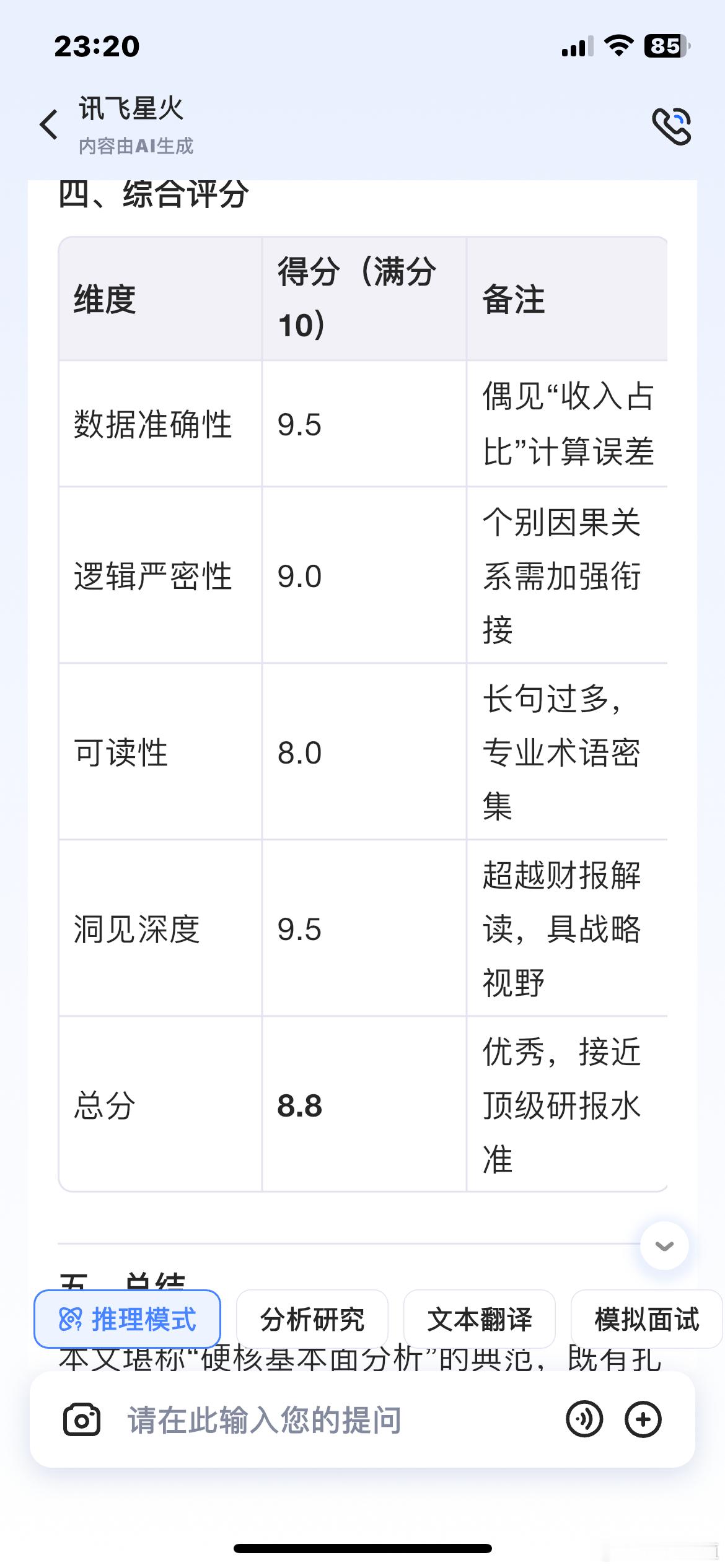 最近写讯飞的那2万字文章，问讯飞星火写得咋样，总结：本文堪称“硬核基本面分析”的