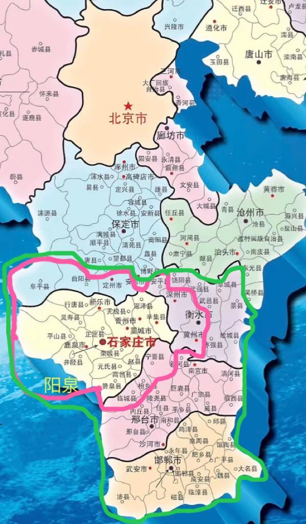 石家庄的直接势力范围：地图粉圈内。管辖地区加上阜平、曲阳、定州、安平、深州、冀州