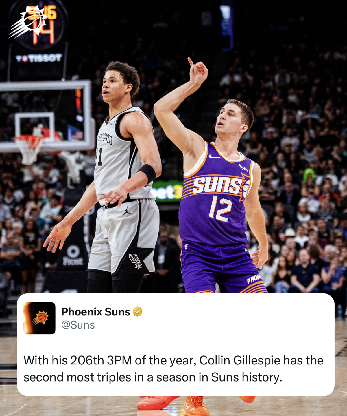 随着赛季第206记三分命中，吉莱斯皮创造队史单赛季三分命中数第二高纪录！🎯菲尼