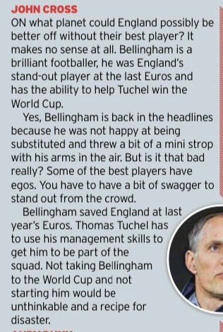 John Cross：今天《镜报》上的贝林厄姆争议讨论…裘德是国家的瑰宝，他是英