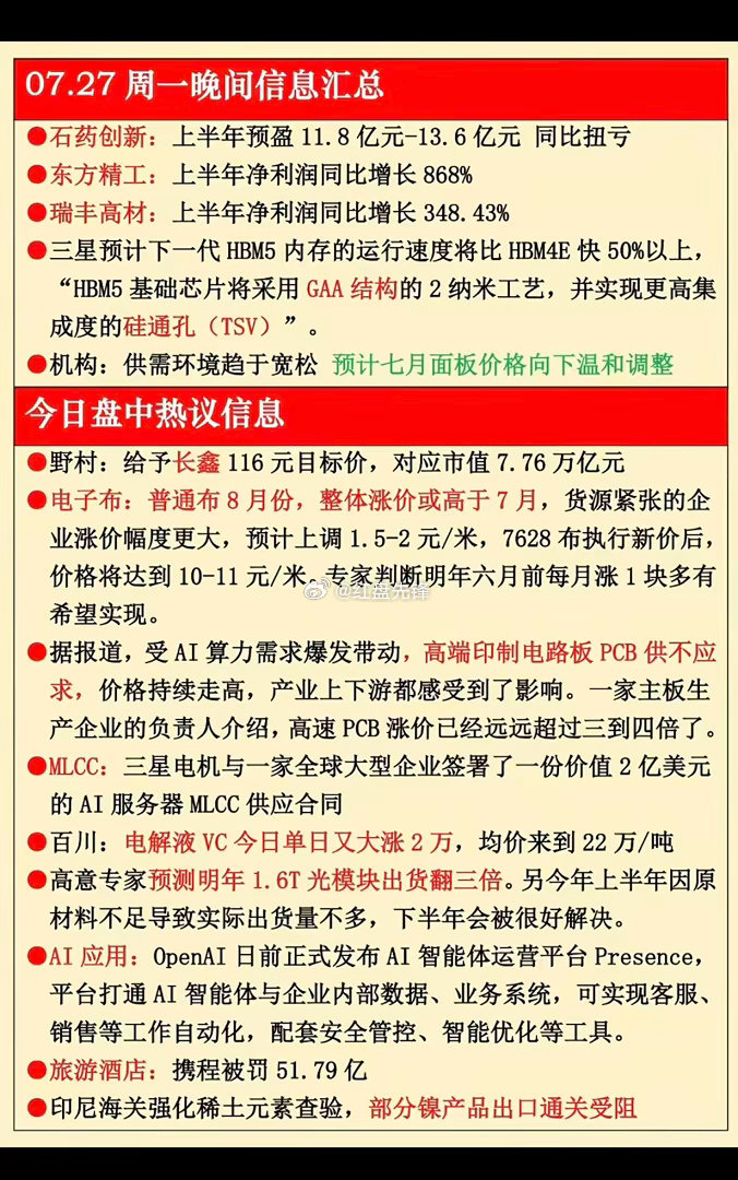 周一晚间干货！PCB/MLCC/光模块等五大细分赛道资讯合集 