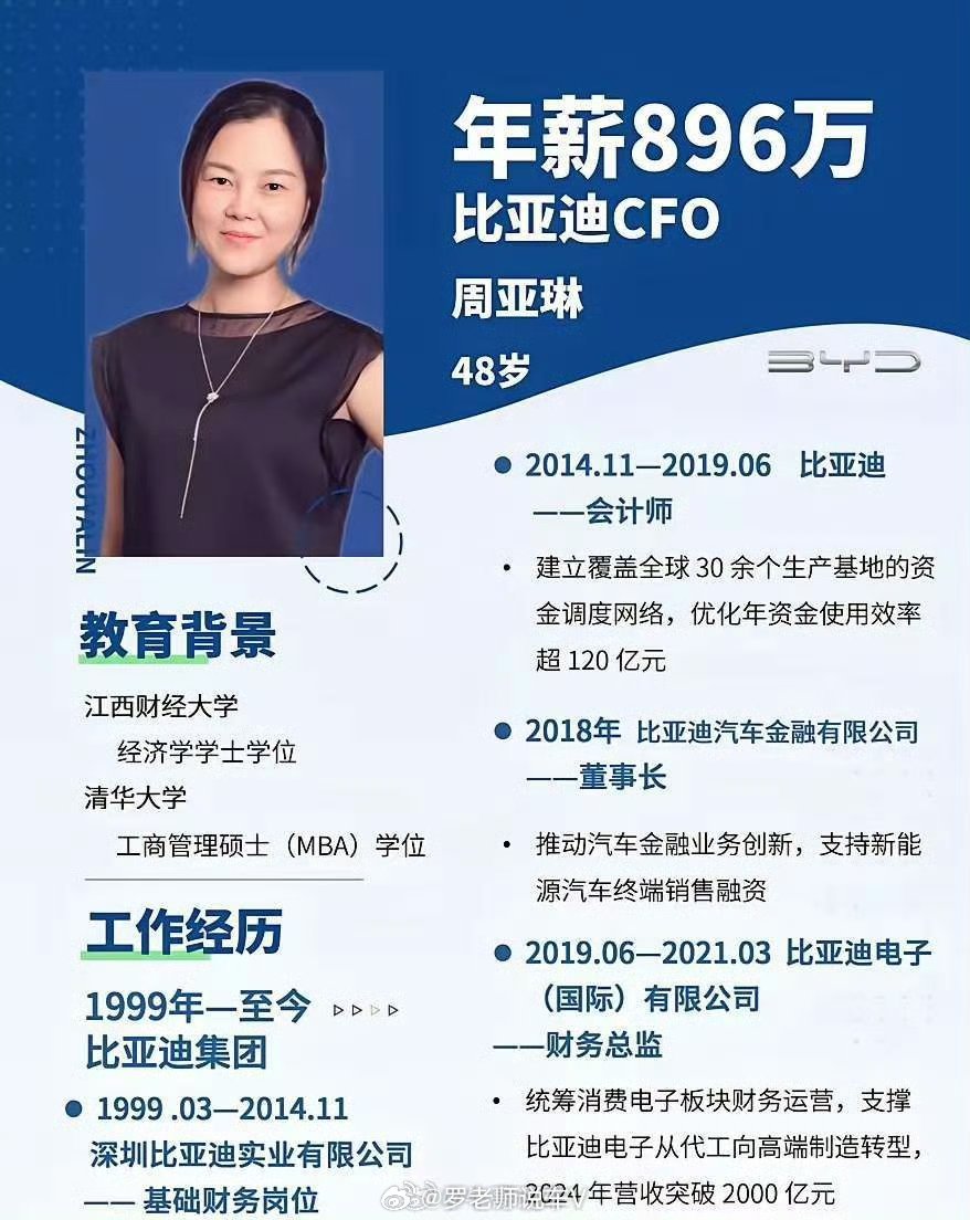 从比亚迪的财务基础岗位，直接做到了集团 CEO，普通打工人的天花板了汽场全开 ​