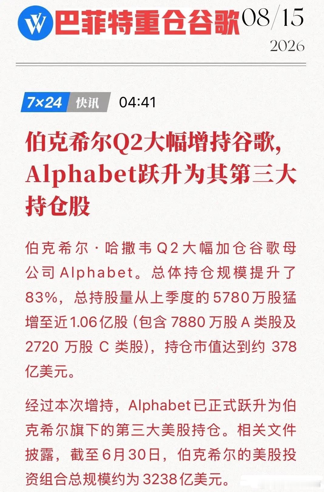 378亿美元！巴菲特把谷歌买成第三大重仓，价值投资在AI时代彻底进化！美东时间8