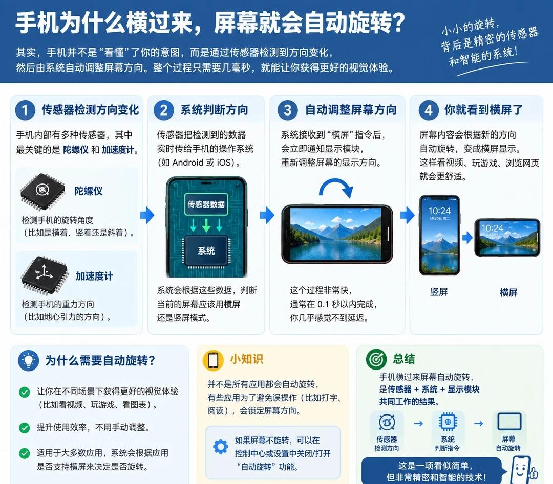 📱为什么手机横过来，屏幕就会自动旋转？
你有没有想过：
手机又没有“眼睛”，它