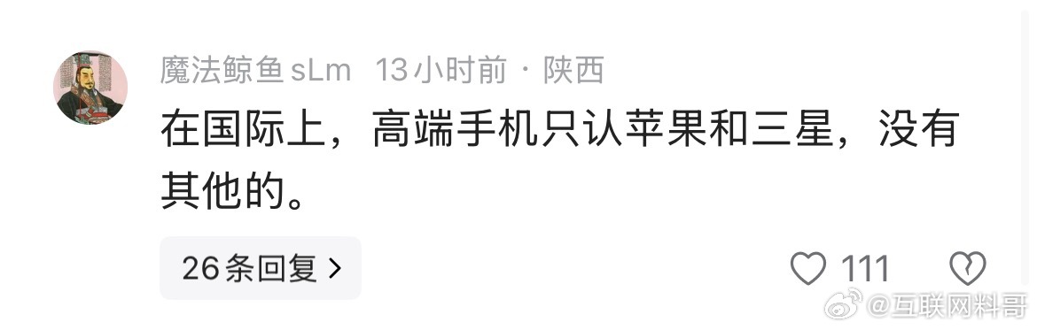 在国际上，高端手机只认苹果和三星。他一人代表国际吧。[偷笑][偷笑] ​​​