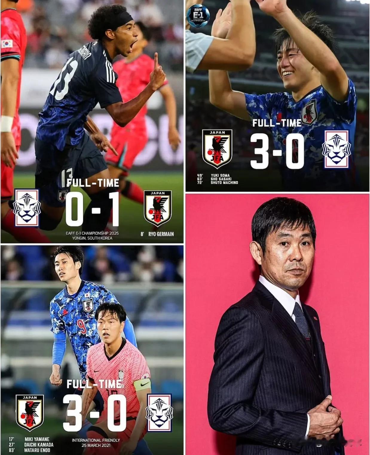 日本史上首次实现对韩国的三连胜，韩国与日本已经不在一个级别。
东亚杯第3轮，日本