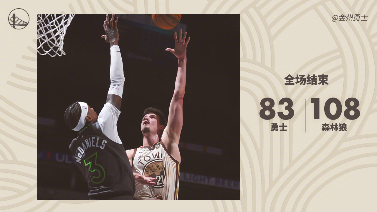 全场比赛结束，勇士83:108森林狼。勇士vs森林狼