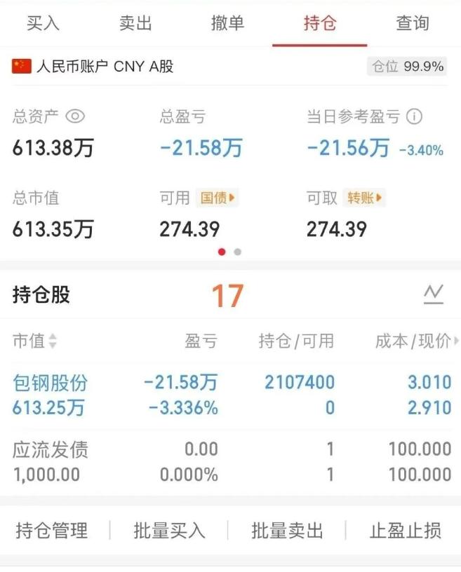 17老师600万打板包钢股份，日内亏损21万，不得不说，17出手就是果断啊，昨天