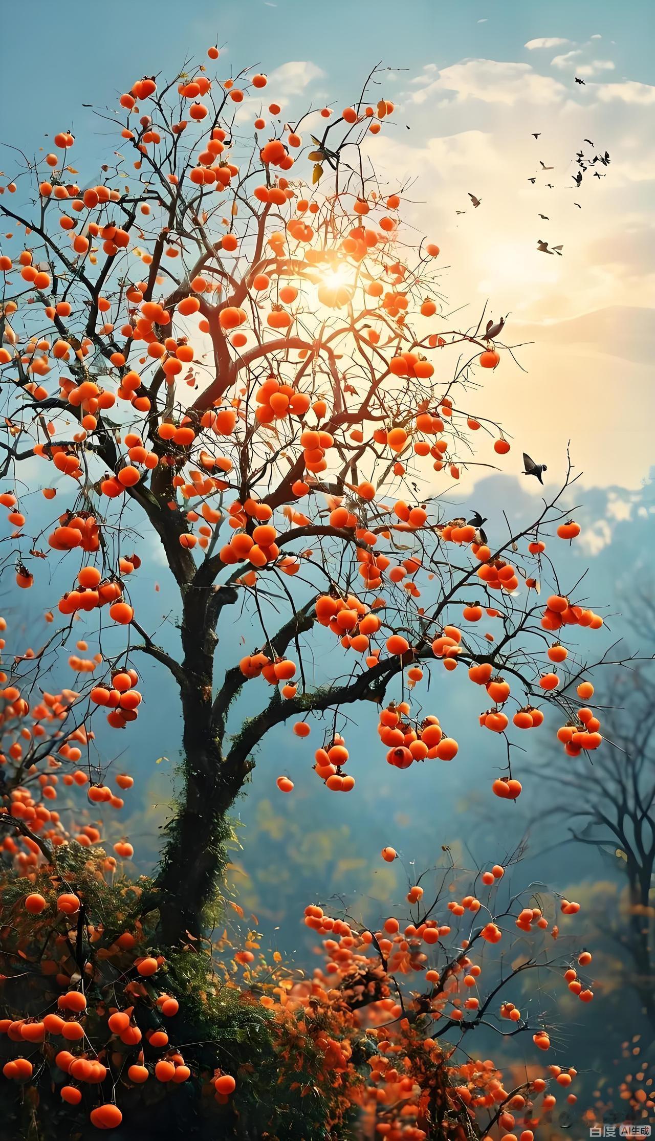 一张图证明秋天来了一场秋雨一场寒，山坡上老柿子树仍挂着红彤彤的果子，在秋风中摇曳