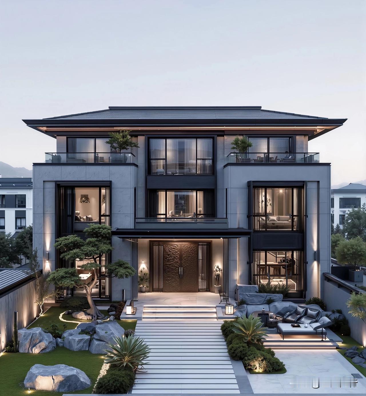 别墅设计案例推荐乡村自建房外观效果，中式大宅，宋式美学！