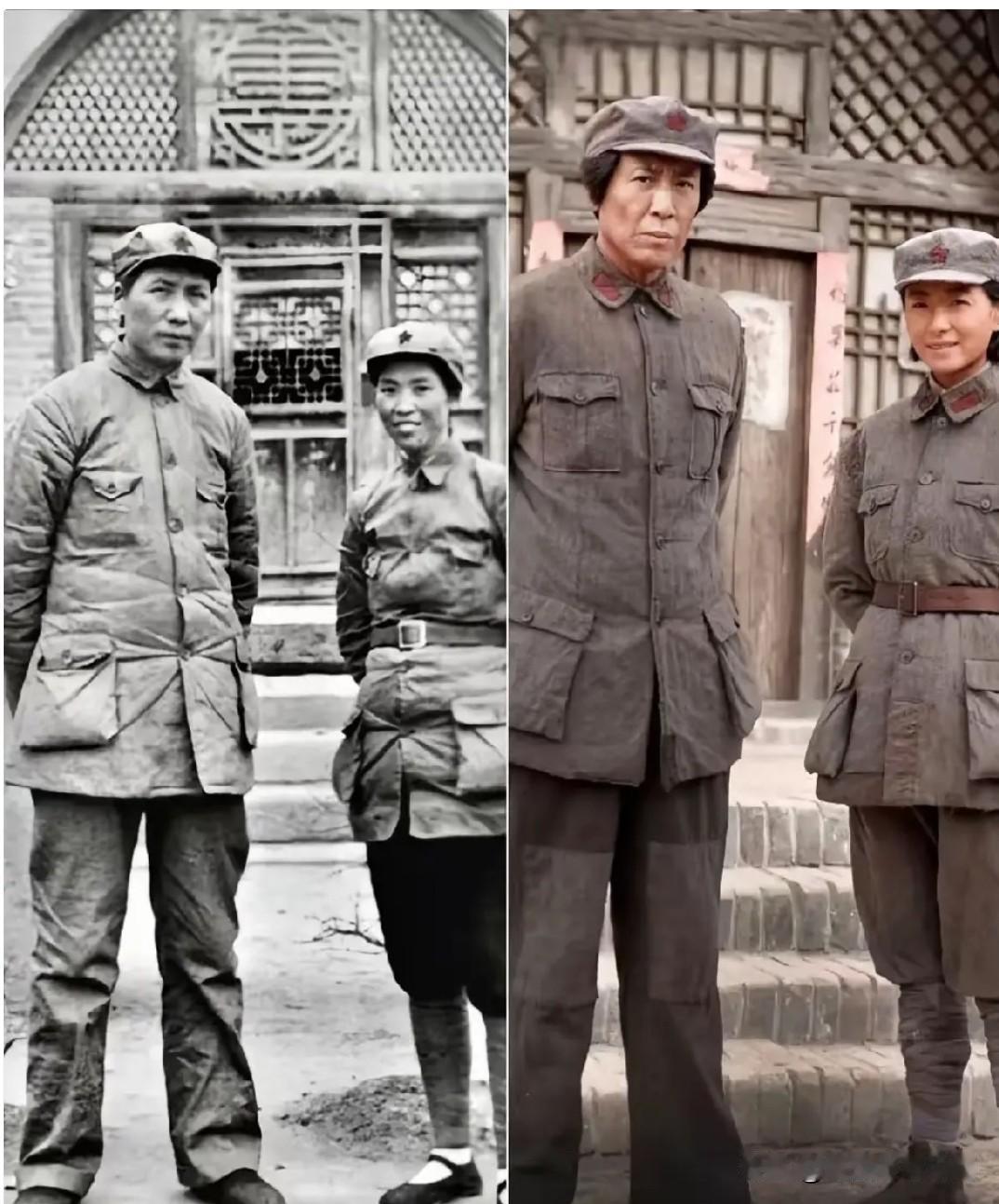 左边是毛泽东与贺子珍长征到达延安后，在窑洞前的十分的珍贵留影。右边是电视剧《伟大