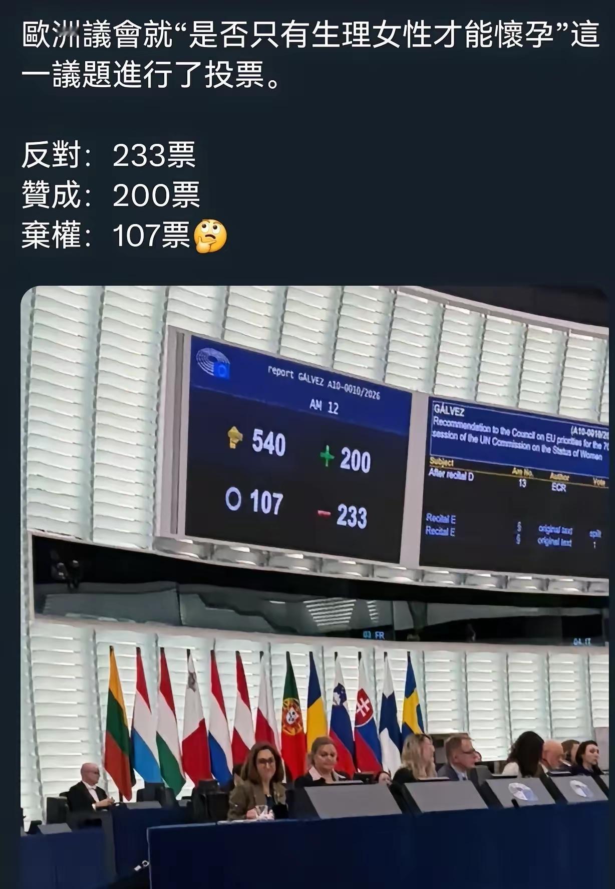 欧洲议会越来越像当年的罗马教廷了。
天天不讨论正事，讨论是不是只有女人能生孩子？