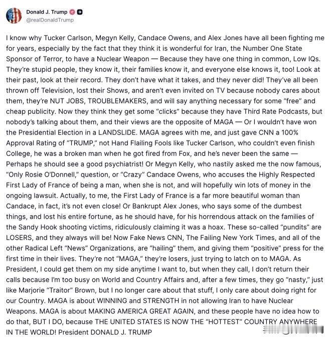 特朗普称塔克卡尔森等人为低智商

“我知道为什么塔克·卡尔森、梅根·凯利、坎迪斯