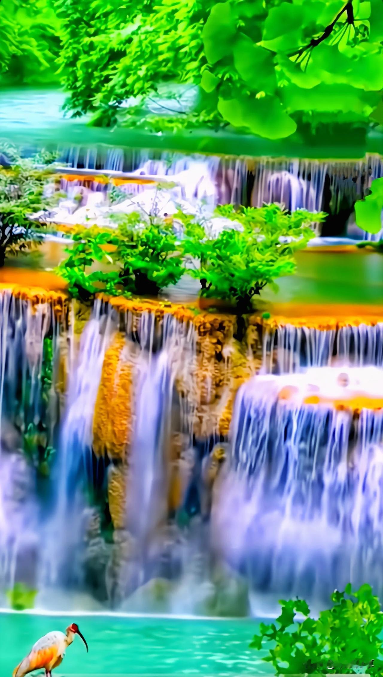 远山近水，素净清幽；飞鸟穿云，落霞映红。峡谷幽深，泉声潺潺；松涛阵阵，山韵悠长。