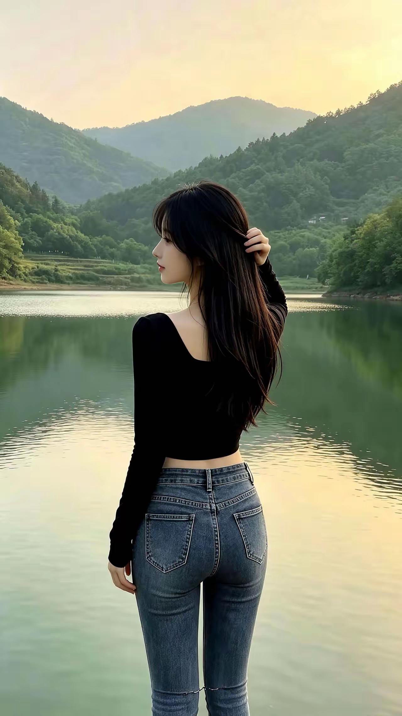 风和日丽，
山青水碧。
貌美佳人，
池边俏立。
观光赏景，
心中痴迷。
怡心拍照