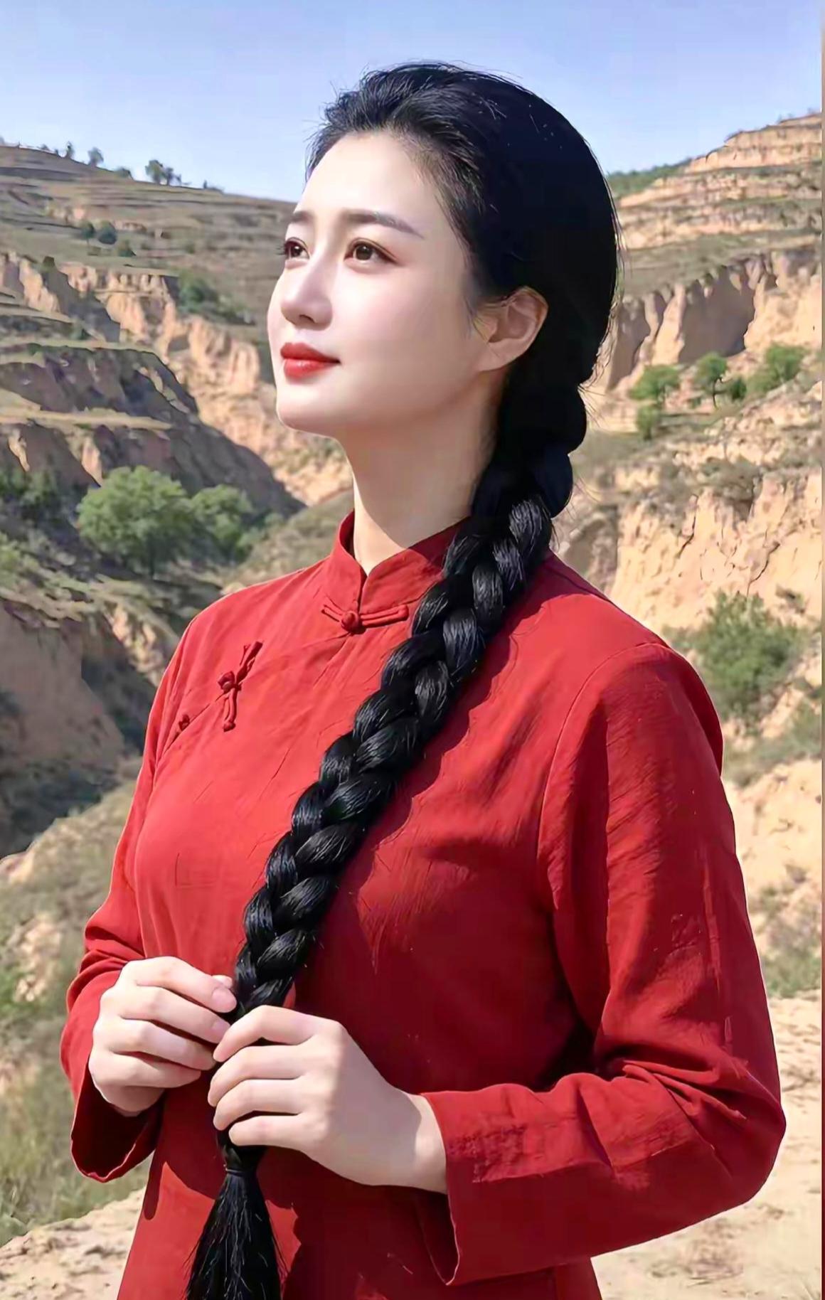 黄土高坡一抹红，
手携发辫意自宁。
层层土坡留往事，
伴着长风忆旧情。
 
黄土
