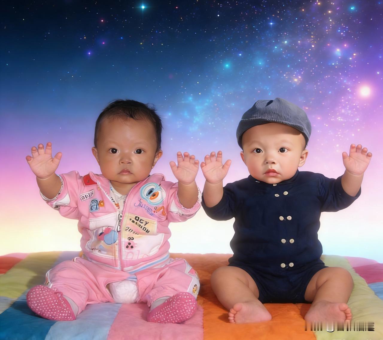 豆包真的是神奇，我把我一岁时的照片和女儿一岁时的照片修复后放在一起合成了一张，从