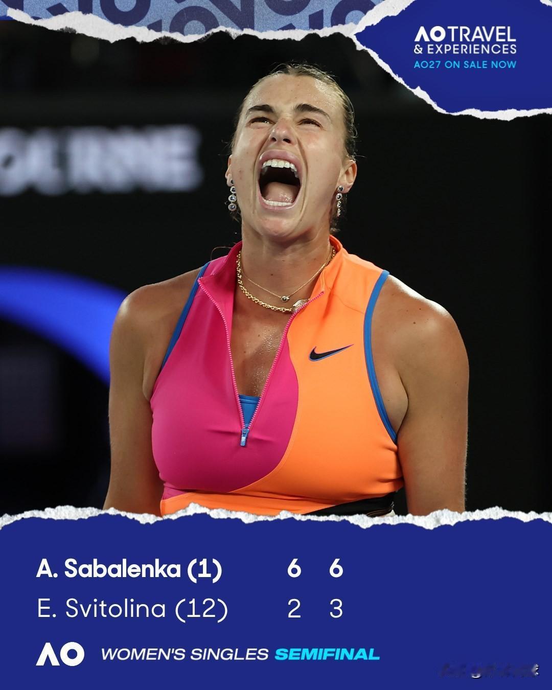 世界第一直下120盘佩，
以6-2/6-3斯维托丽娜
晋级澳网决赛。

斯维托丽