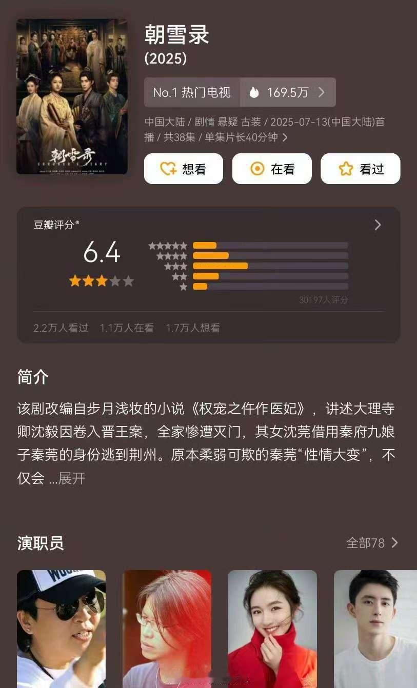 朝雪录豆瓣开分6.4分低了 朝雪录豆瓣开分6.4分低了，太低了！ ​​​