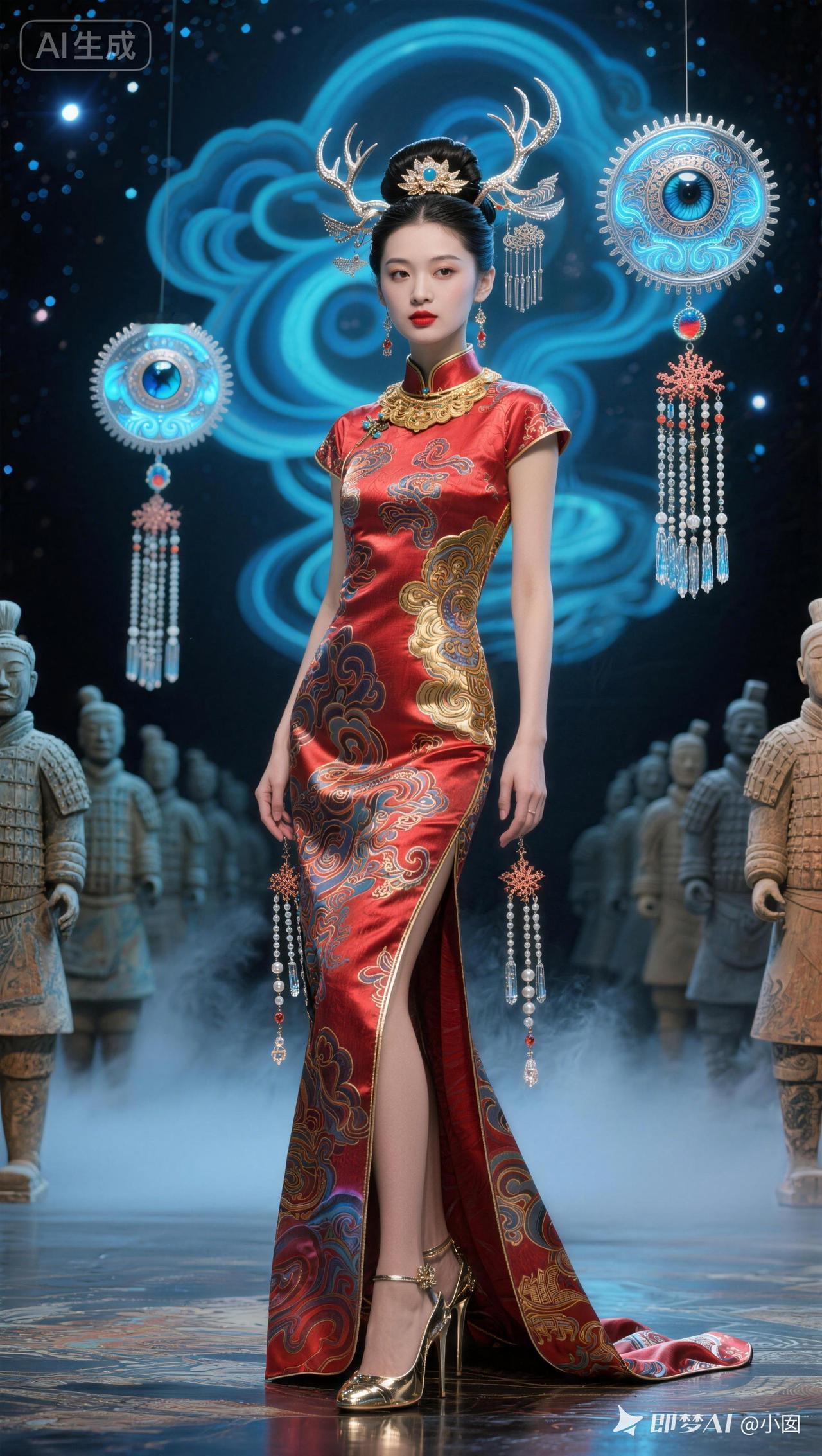 穿越时空的东方美人，华丽旗袍与现代科技的完美融合。