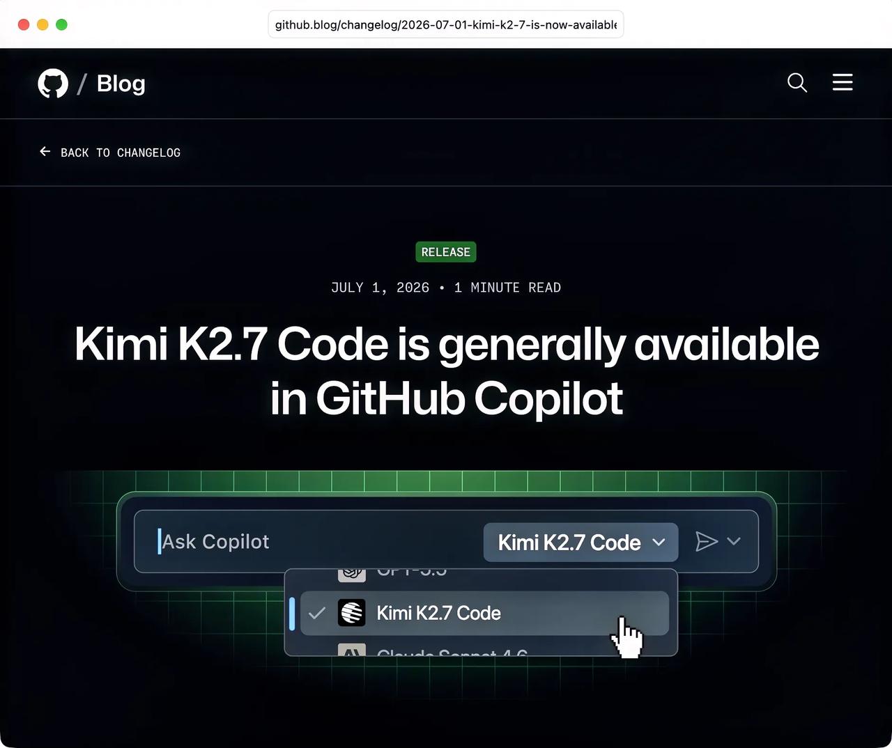 微软的Github Copilot接入了第一个开源大模型，我们国产的Kimi2.