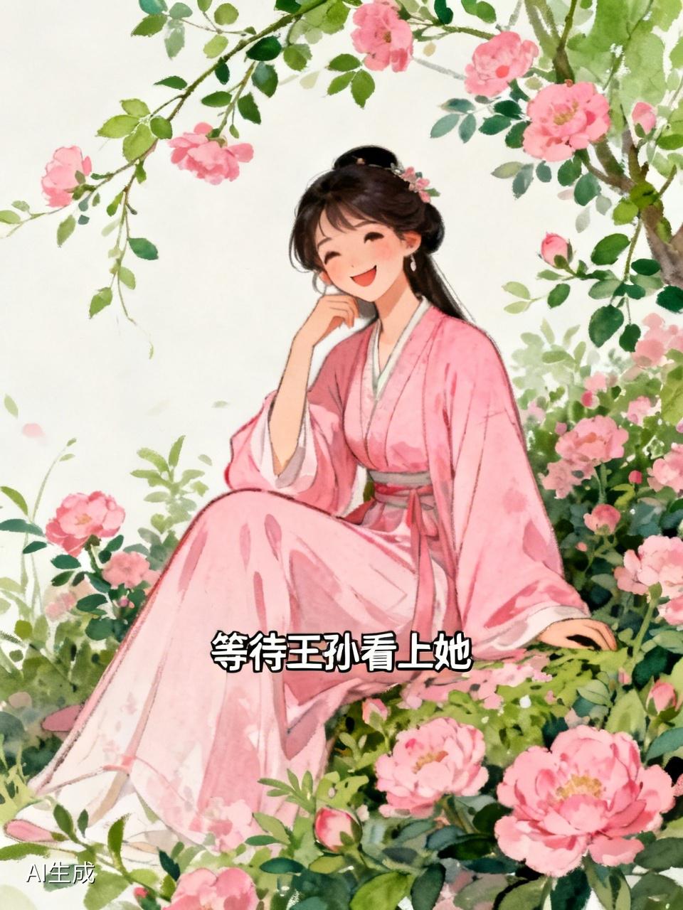年龄早过十七八，
依然貌美如鲜花。
端坐花丛展笑容，
等待王孙看上她。