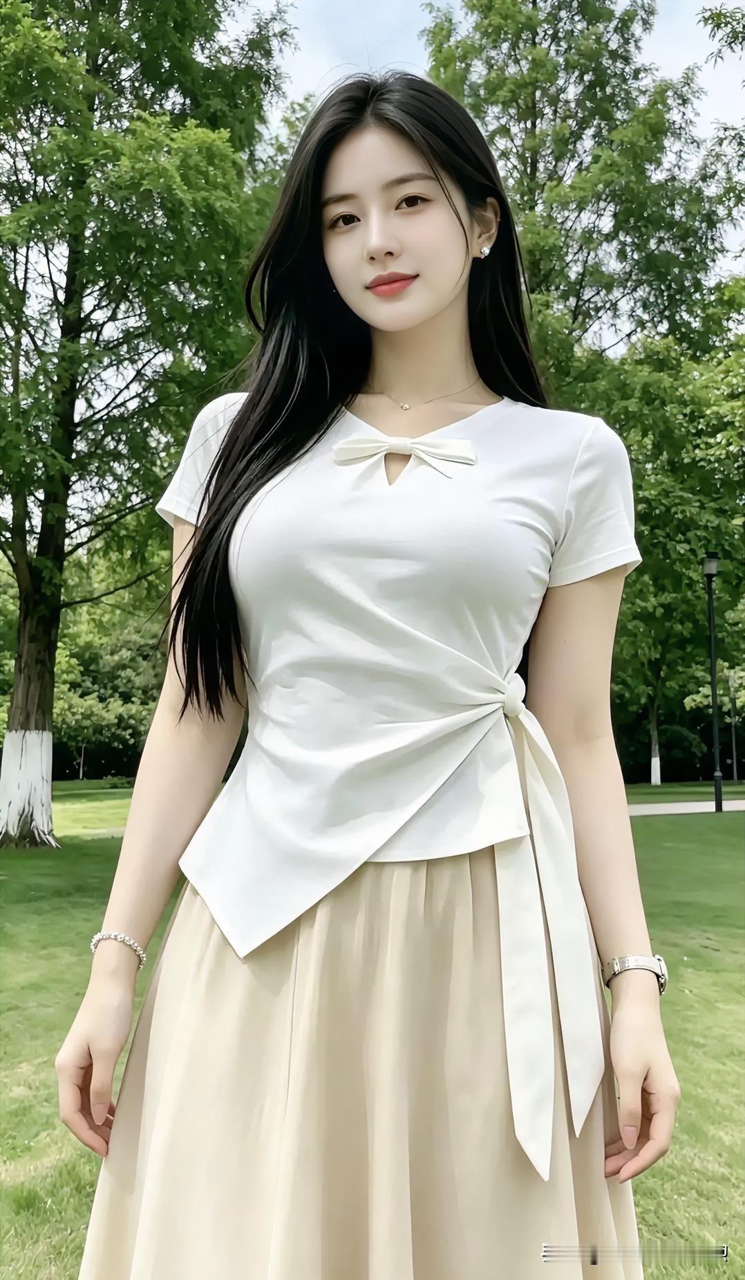 纯白蝴蝶结上衣搭配米色长裙，设计感腰间扭结别致优雅，于绿树阳光下尽显清新甜美的知