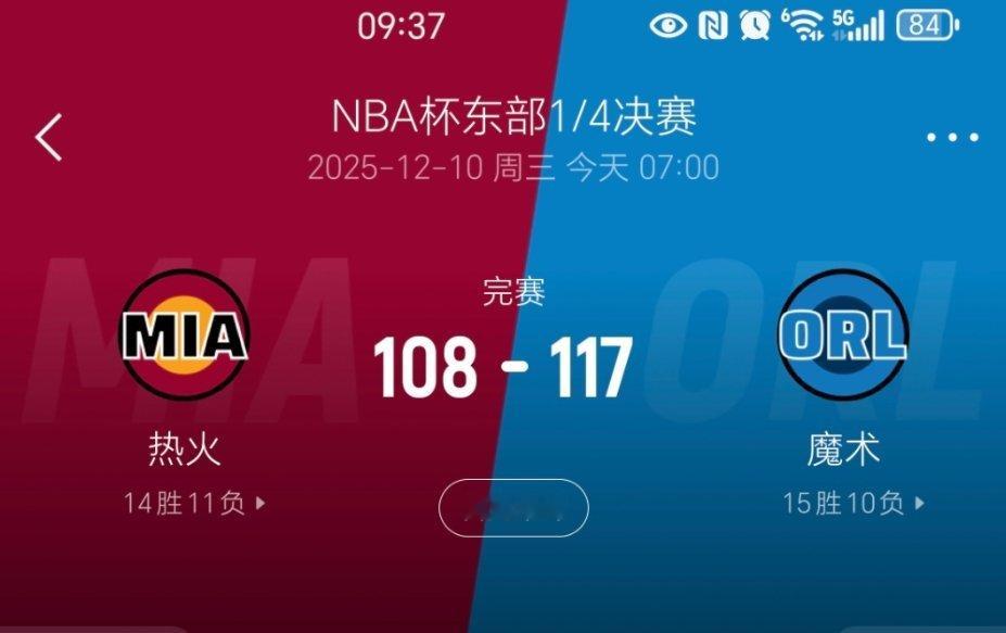 NBA杯东部1/4决赛，魔术117-108战胜热火。魔术vs热火
