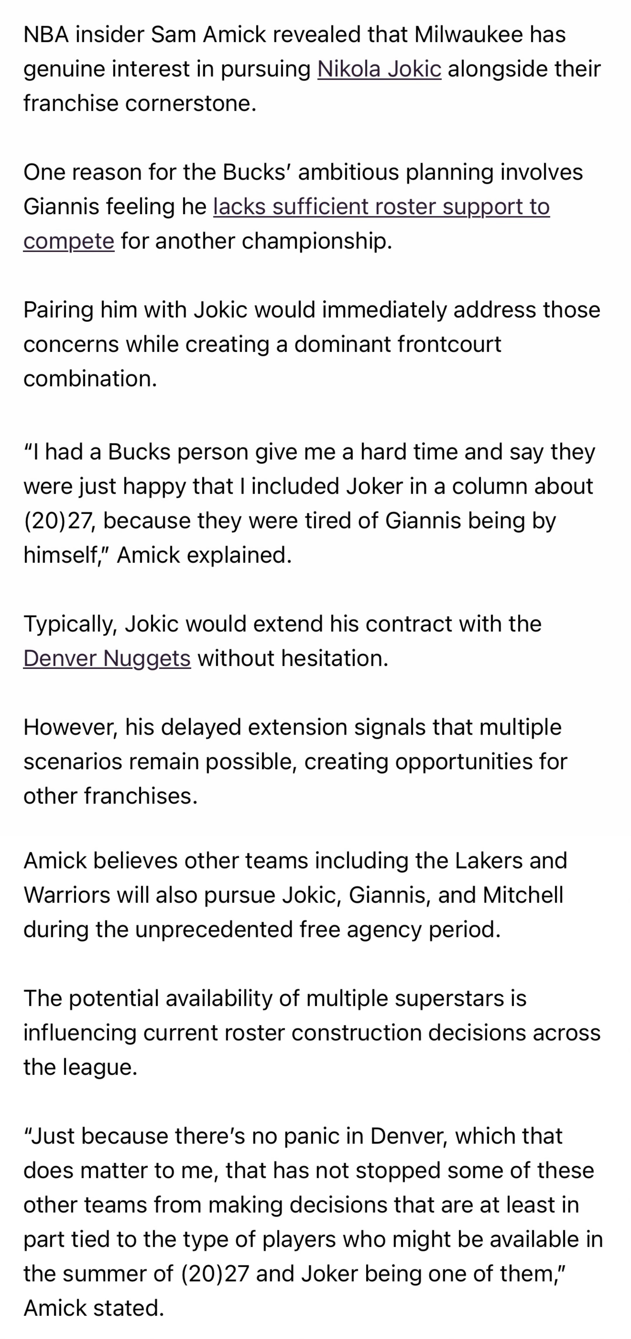 NBA记者Sam Amick表示：雄鹿想追求约基奇，与字母哥搭档。湖人也想追他们